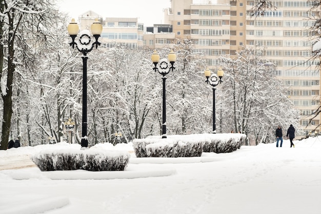 Met sneeuw bedekt park in het centrum van Minsk. Wit-Rusland, Oost-Europa