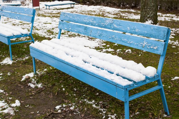 Met sneeuw bedekte banken in de tuin close-up