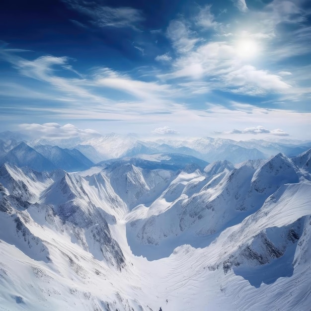 Met sneeuw bedekte bergketen met blauwe lucht