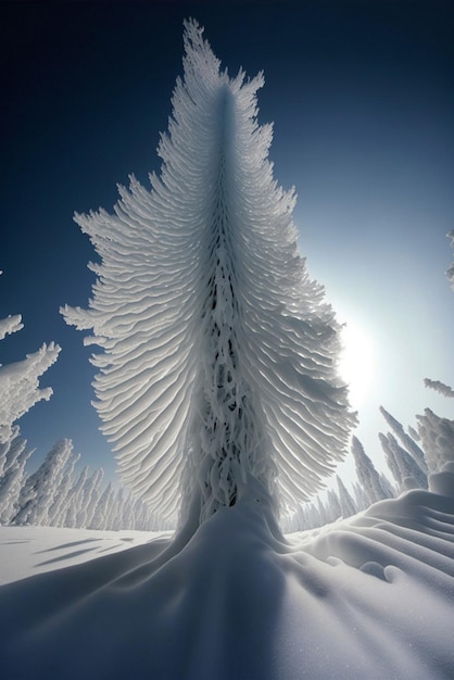 Met sneeuw bedekte boom die bovenop een besneeuwde helling staat generatieve ai