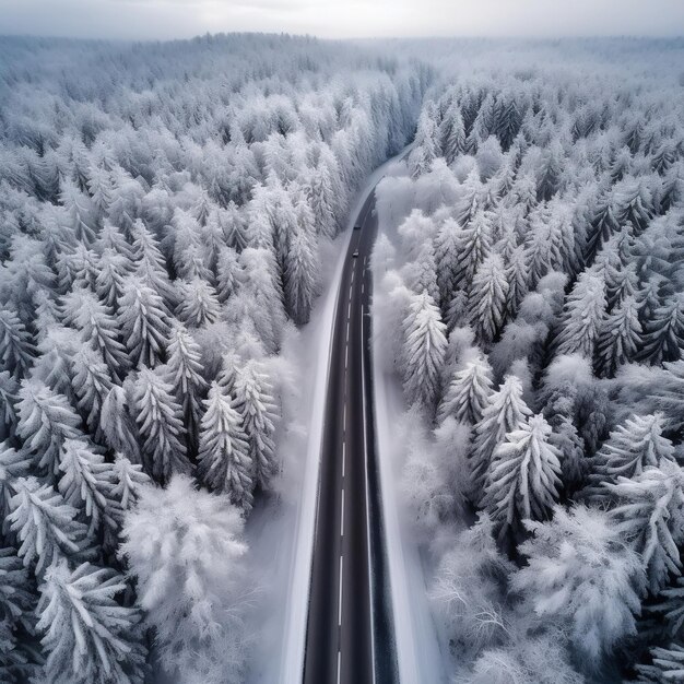 Met sneeuw bedekte dennenbomen langs de snelweg Generatieve AI