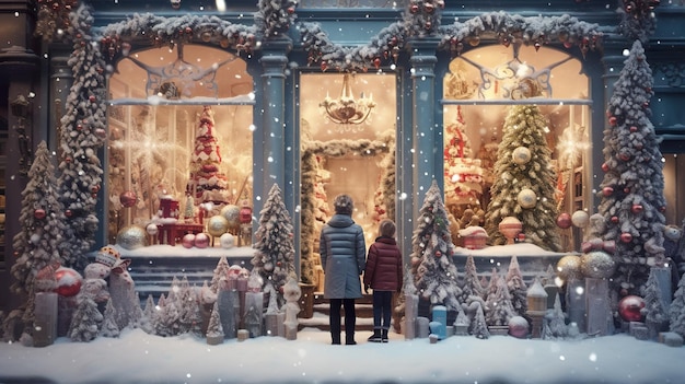 Foto met sneeuw bedekte nieuwjaarsspeelgoedwinkel kijken twee mensen naar een raam versierd met versieringen