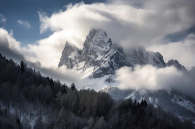 Met sneeuw bedekte piek die boven de alpiene vallei uittorent met voorbijdrijvende wolken gemaakt met generatieve AI