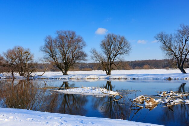 Met sneeuw bedekte rivieroever op zonnige winteravond