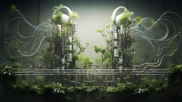 Foto met technologie plant harmonie tussen natuur en machines