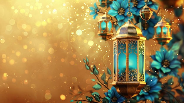 Met turquoise arabesque bloemen en hangende lantaarns tegen een gouden glitter achtergrond Ramadan kareem betekent vrijgevige vakantie