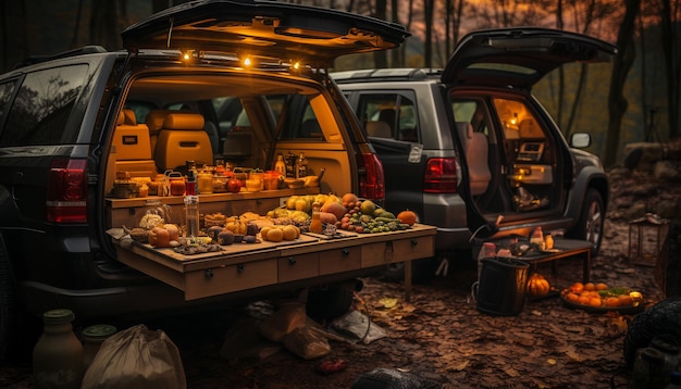 Foto met verse groenten en fruit reist de vrachtwagen door de stad, gegenereerd door kunstmatige intelligentie