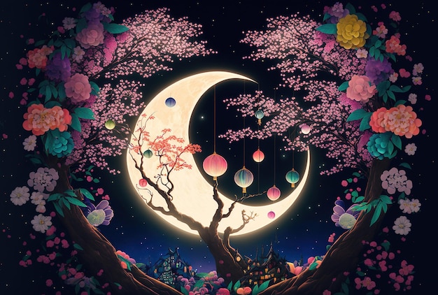 Met versieringen en een volle maan op een vlakke tanabata-achtergrond