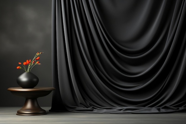 Met zijde bedekt podium op donkerzwart grijs gordijngordijnen leeg muurpodium