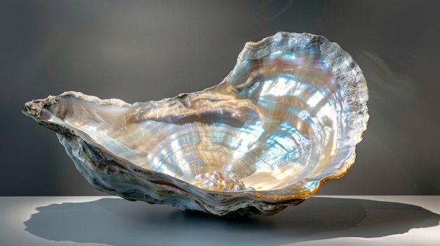 Met zijn natuurlijke organische vorm en glinsterende luminescerende uiterlijk is dit podium van parel oesters een