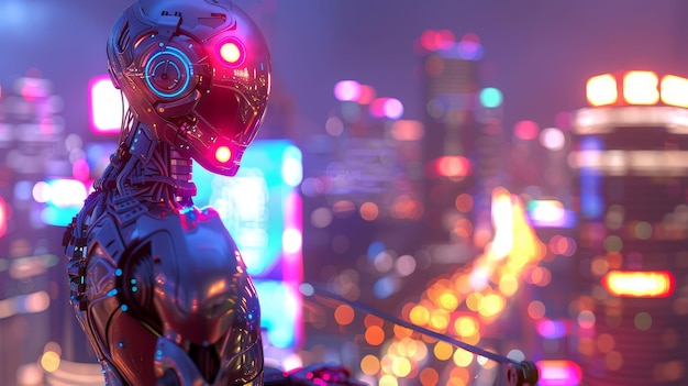 Foto metaal exoskelet onbevreesde cyborg avonturier die een neon stadsbeeld verkent bij zonsondergang cyberpunk vibe 3d rendering achtergrondverlichting diepte van het veld bokeh effect handheld shot view