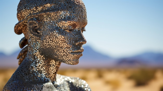 Foto metaalsculptuur vrouw in een woestijnlandschap die over haar wezen nadenkt