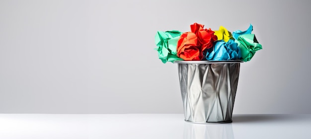 Metal aluminum basket full of crumpled colourful paper on the white background with copy space