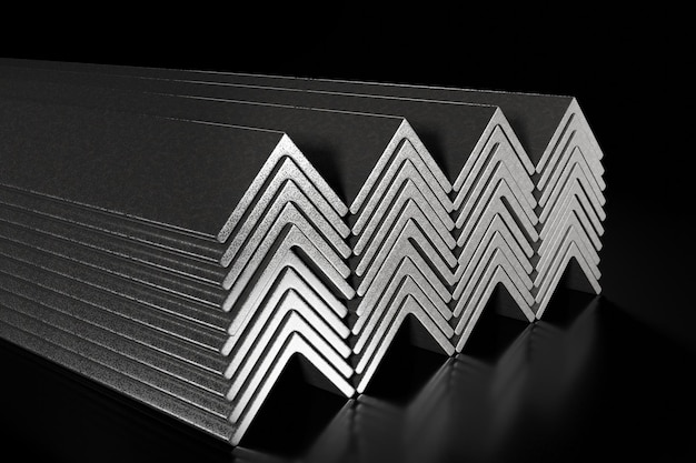 The metal angle profile in a bundle on black background 3d illustration