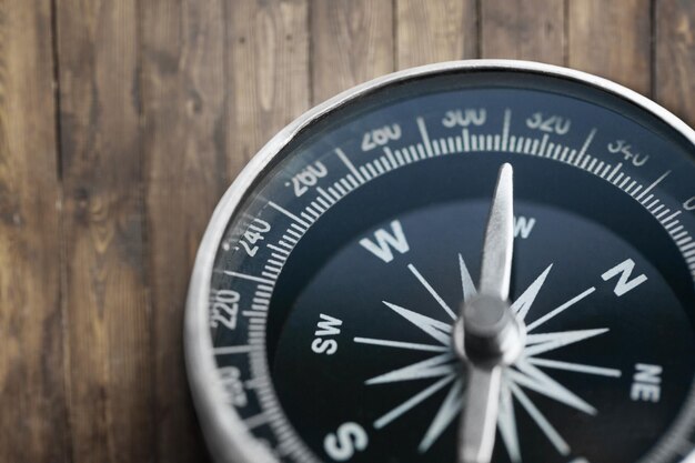 Metal antique compass on grey background