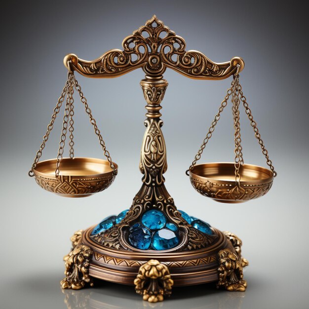 a metal balance scale of justice in the style of gold and Blue gemstones realistic rendering legal concept