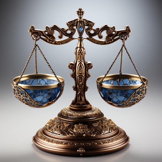 a metal balance scale of justice in the style of gold and Blue gemstones realistic rendering legal concept