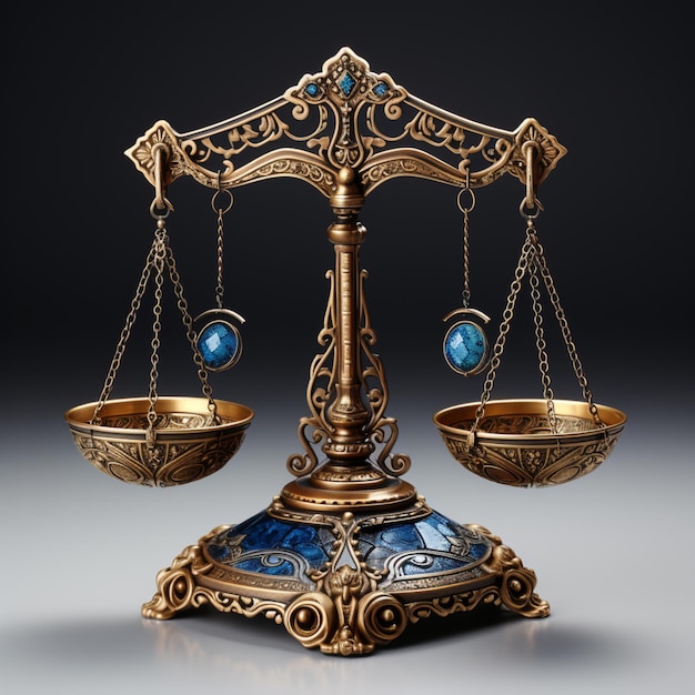 金と青の宝石のスタイルの正義の金属のバランススケール リアルな法律概念のレンダリング