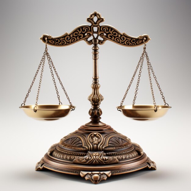 a metal balance scale of justice in the style of gold and bronze legal concept