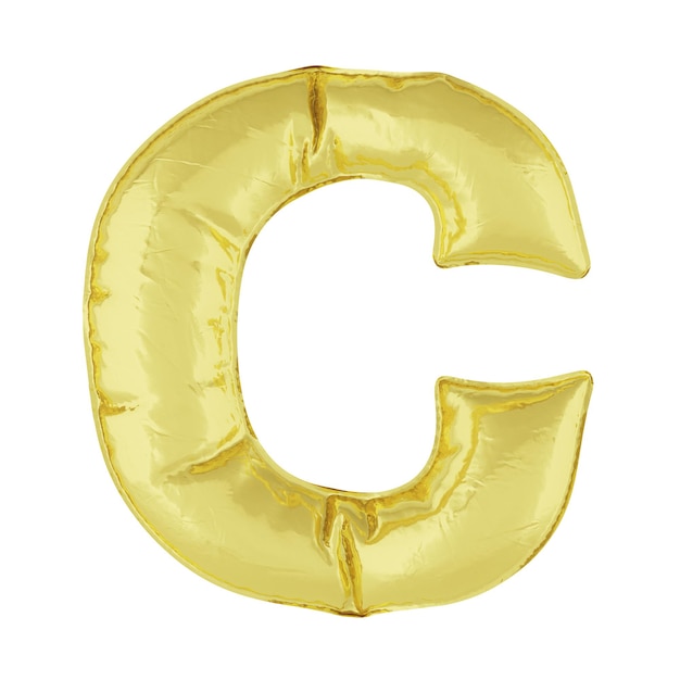 Metal balloon on a white background. Golden letter C. Discounts, sales, holidays, anniversaries. 3D rendering