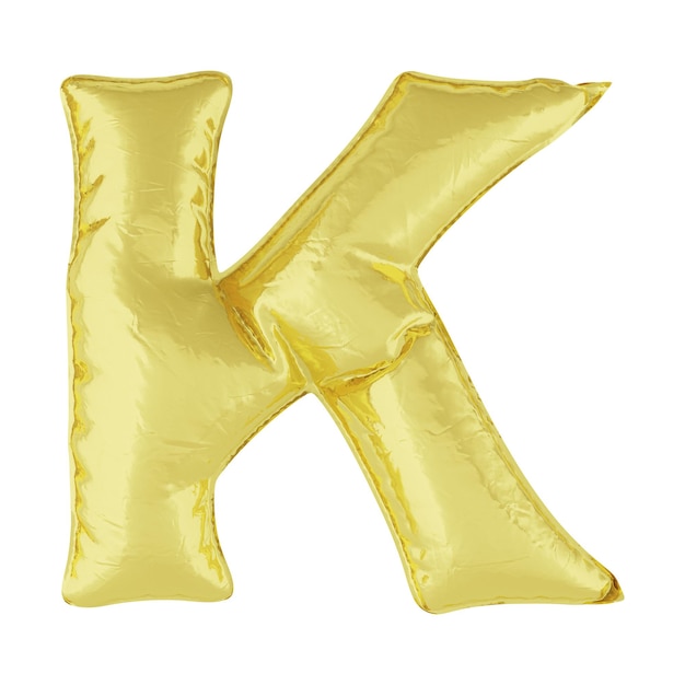 Metal balloon on a white background. Golden letter K. Discounts, sales, holidays, anniversaries. 3D rendering