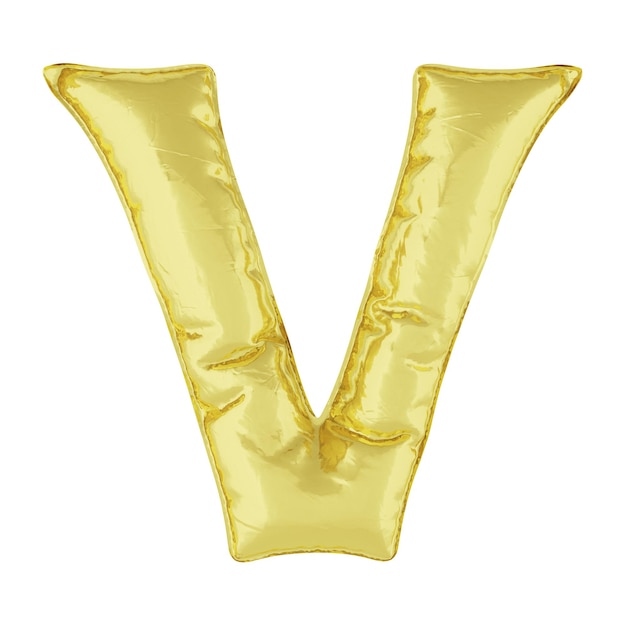 Metal balloon on a white background. Golden letter V. Discounts, sales, holidays, anniversaries. 3D rendering