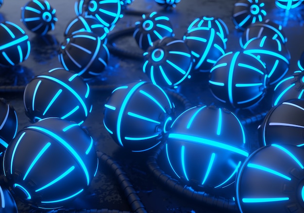 Metal balls with glowing neon lights. Hi-tech 3d render background.