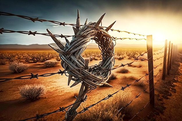 Metal barbed wire fence defending dangerous territory generative ai