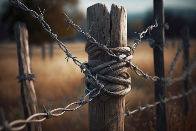Metal barbed wire twisted around wooden posts generative ai