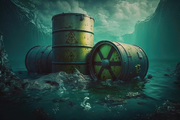 A metal barrel submerged underwater with greenishyellow radioactive substances leaking out The murky dark water shows bubbles rising to the surface AIgenerated