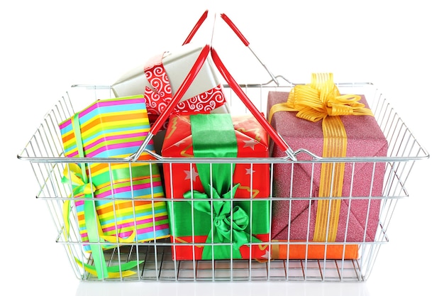 Metal basket full of present boxes isolated on white