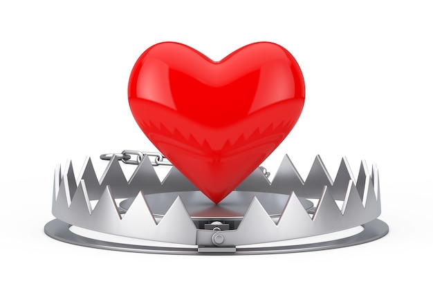 Metal Bear Trap with Red Heart on a white background. 3d Rendering