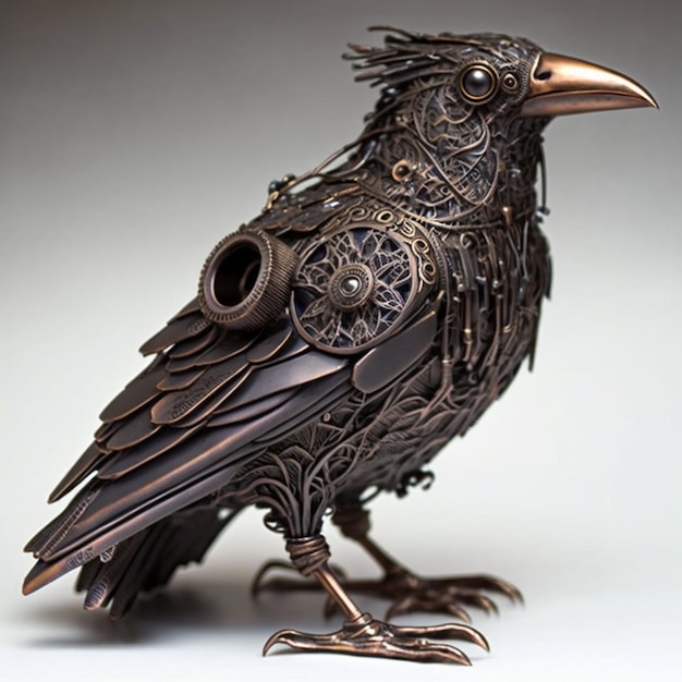 A metal bird with a cog on it is made of gears and gears.