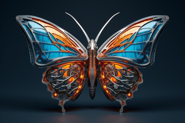 Metal blue and orange butterfly with gear Steampunk butterfly with gears mechanical as drone