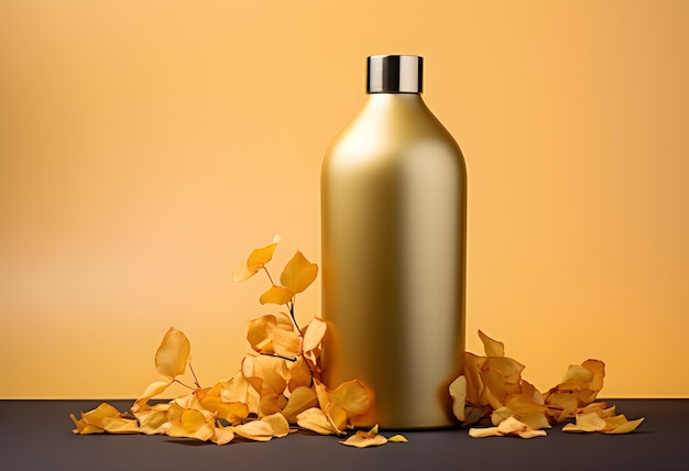 Металлическая бутылка, украшенная обильными осенними листьями и желтыми лепестками розы