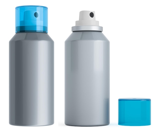 Metal bottles spray aerosol with opened and closed cap 3D rendering