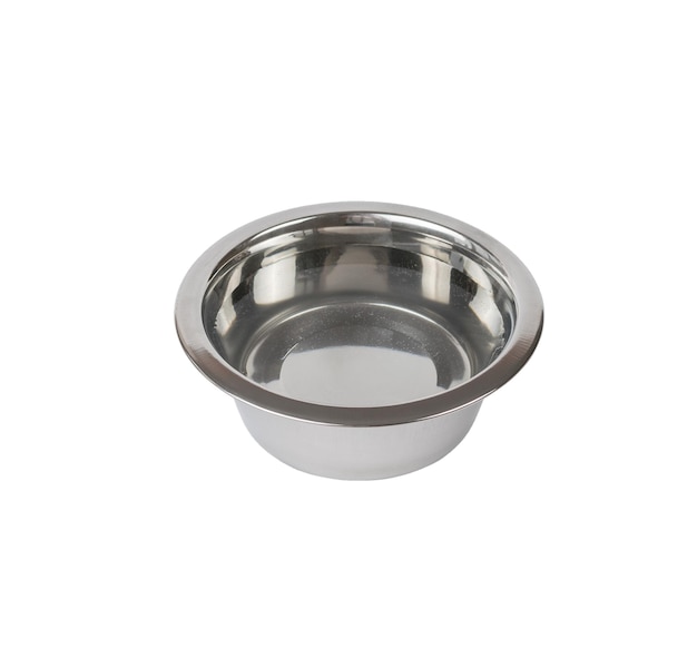 Metal bowl with water insulated on a white background Accessories for animals