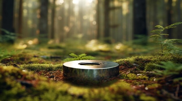 A metal bowl in the woods with the word'fire'on it