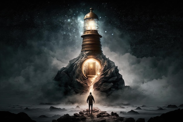 Metal Bronze lighthouse small hooded figure with lantern at the base a bright white large glowing ball of electric light at top of light house Generative AI technology