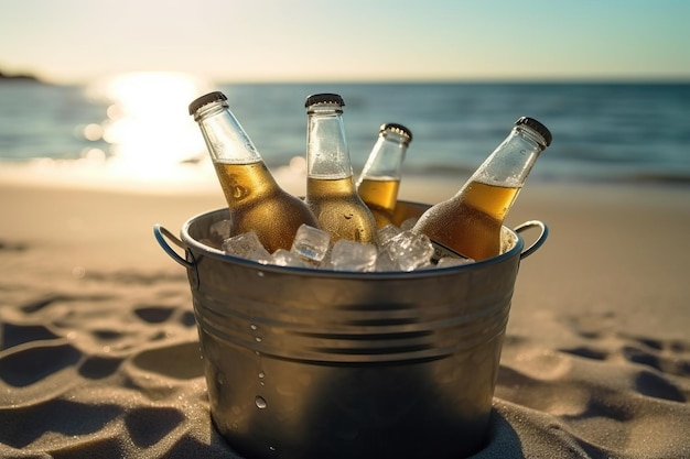 a metal bucket full of ice with 5 bottles of beer on the beach sand in the sunny day