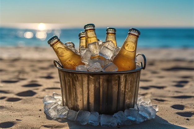 a metal bucket full of ice with 5 bottles of beer on the beach sand in the sunny day