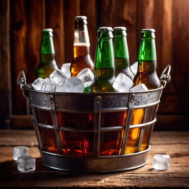 Metal bucket with cold bottles of beer and ice