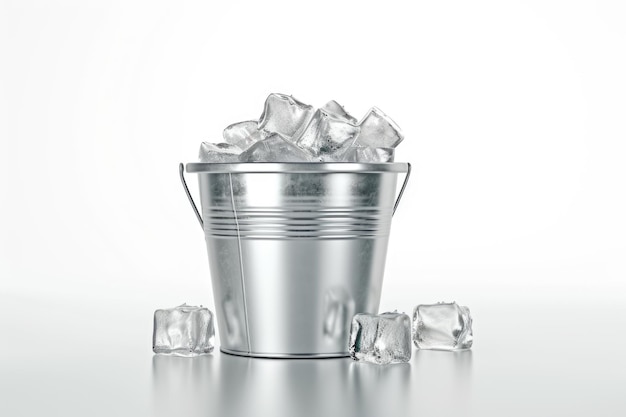 Metal bucket with ice cubes isolated on white