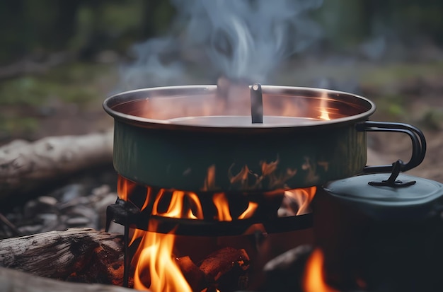 Photo metal campfire enamel mug with hot herbal tea on campfire