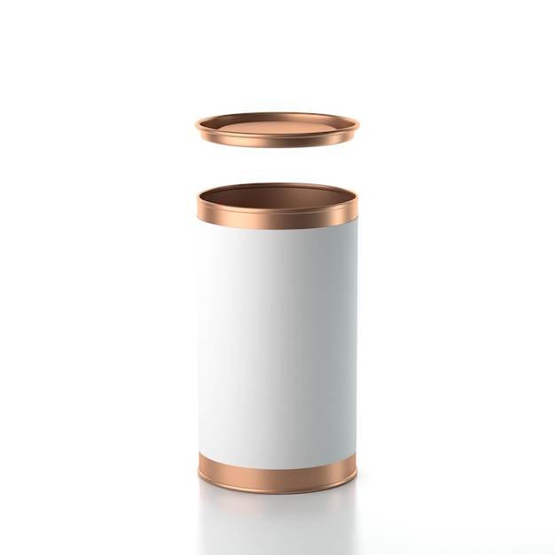 Metal Can with white paper label and opened lid. Cylindrical Packaging for tea, coffee, 3d rendering