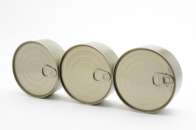 Metal cans of ready-made food in canned form isolated