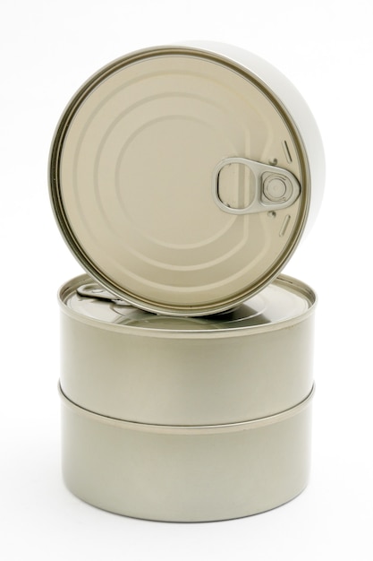 Photo metal cans of ready-made food in canned form isolated