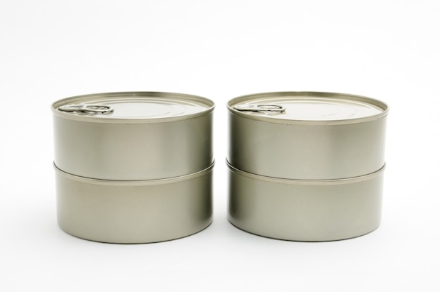 Metal cans of ready-made food in canned form isolated