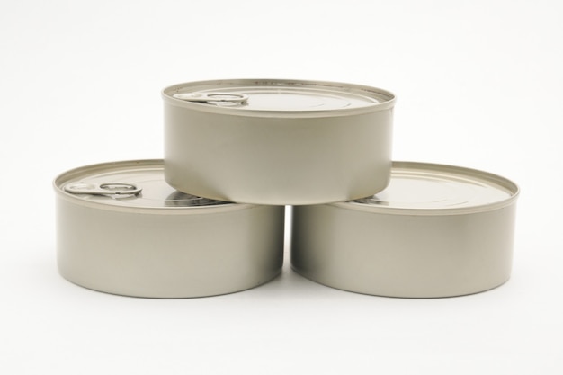 Metal cans of ready-made food in canned form isolated