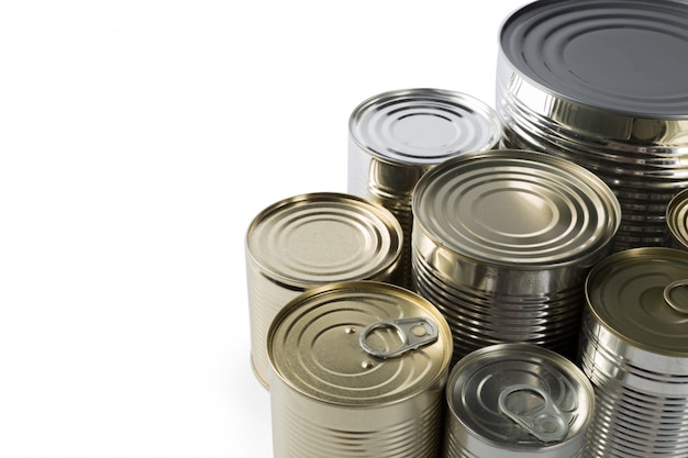 Metal cans on a white 